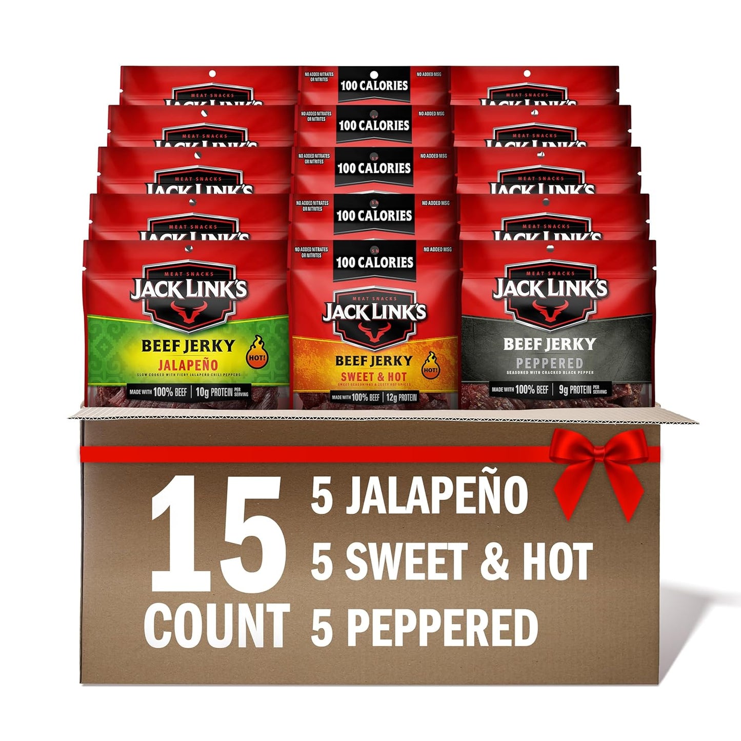 Bold Beef Jerky Variety Pack – Sweet & Hot, Jalapeno & Peppered, 15-Pack, 1.25 oz Each