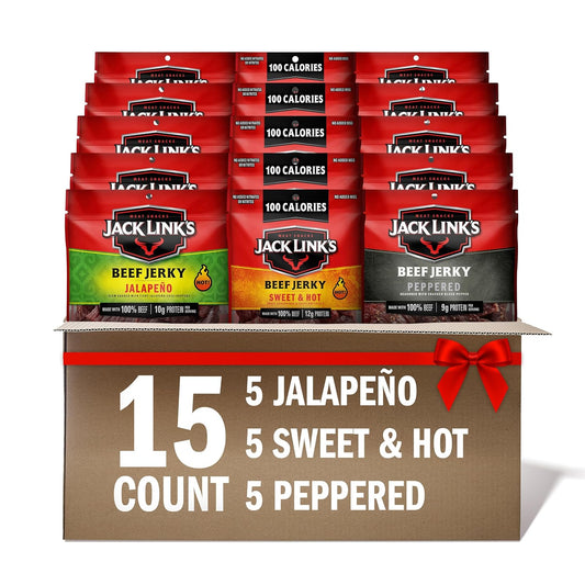 Bold Beef Jerky Variety Pack – Sweet & Hot, Jalapeno & Peppered, 15-Pack, 1.25 oz Each