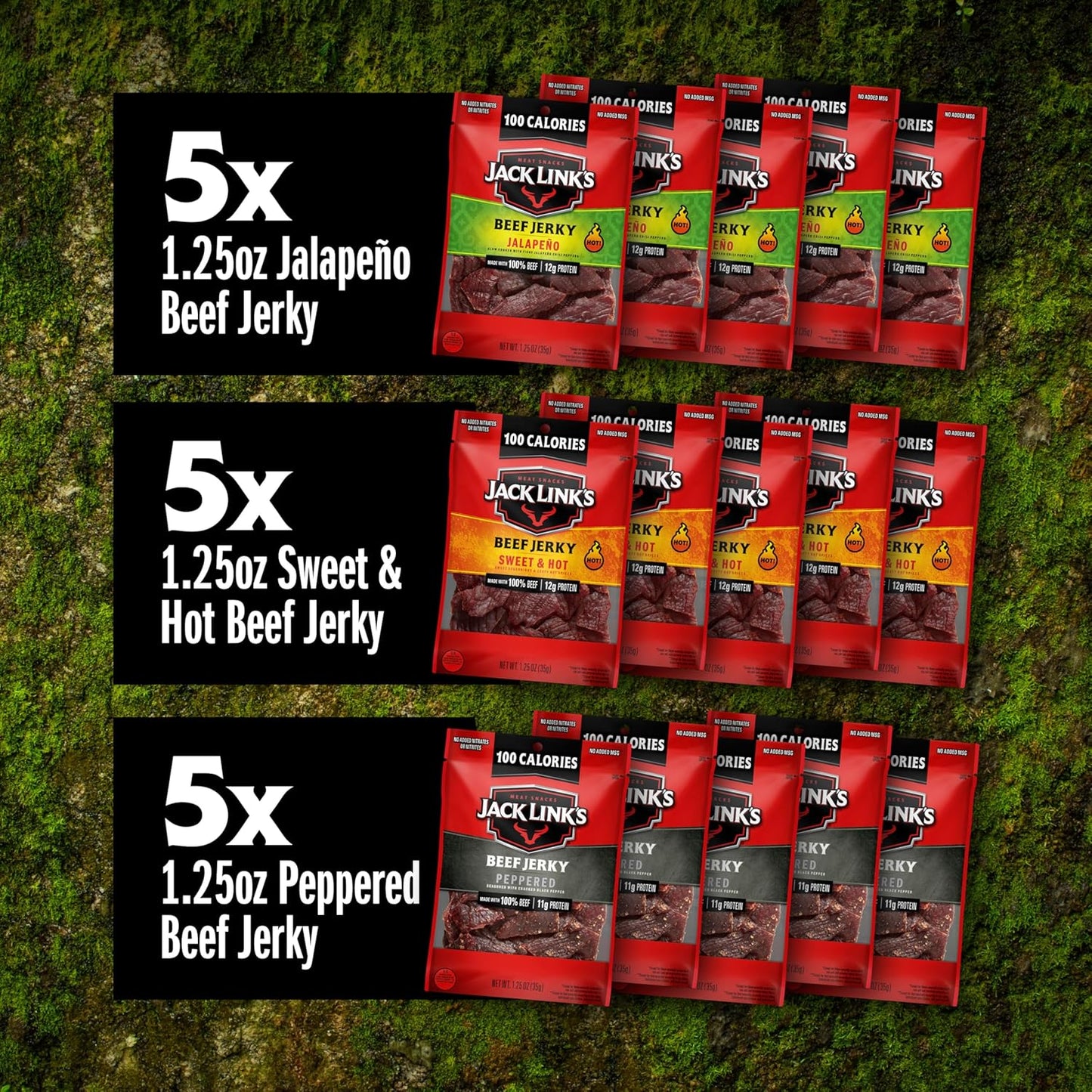 Bold Beef Jerky Variety Pack – Sweet & Hot, Jalapeno & Peppered, 15-Pack, 1.25 oz Each